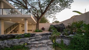 Uma casa moderna com escadaria que leva a uma área externa coberta, rodeada por vegetação e uma grande árvore.