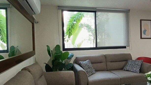 Una sala de estar con un sofá color beige, una silla roja, una planta grande en maceta y una ventana con persianas.