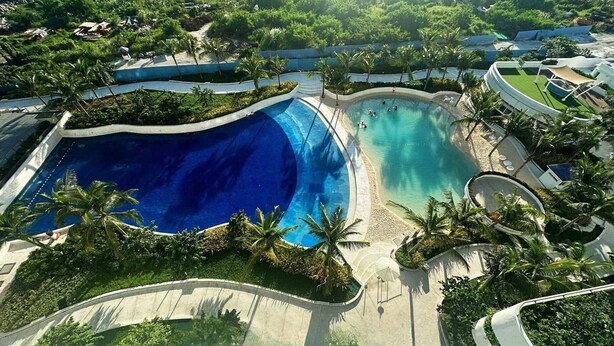 Una amplia piscina de diseño curvo, rodeada de palmeras y zonas ajardinadas.