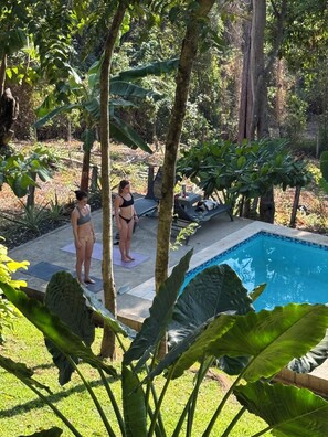 Ein Poolbereich mit Fliesenplatten, umgeben von tropischen Pflanzen und Bäumen.