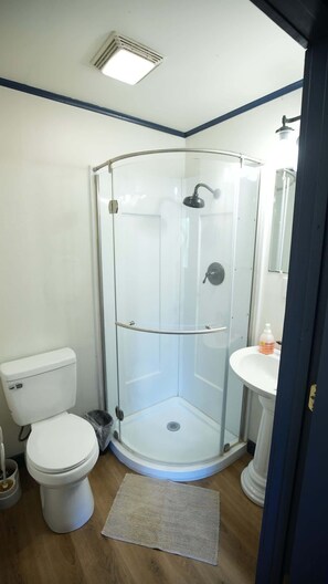 A bathroom with a glass-enclosed shower, a toilet, and a sink. - Eagles Nest Cabin (New Straitsville)
