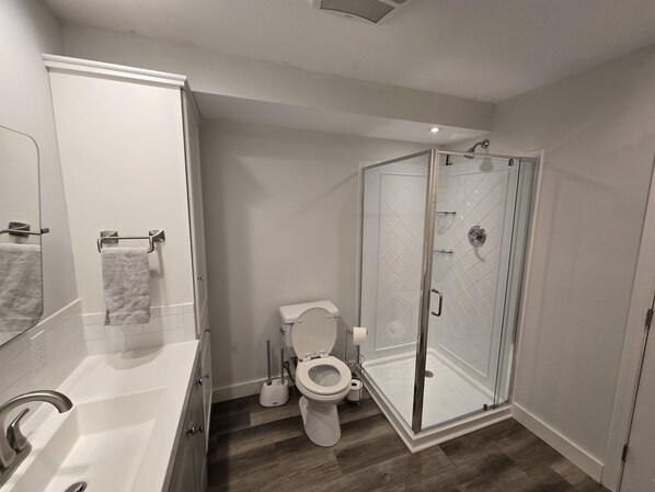 A modern bathroom with a shower, toilet, and sink.