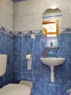 A bathroom with a toilet, sink, and mirror. - Pokoje Gościnne Janina  (Zakopane)