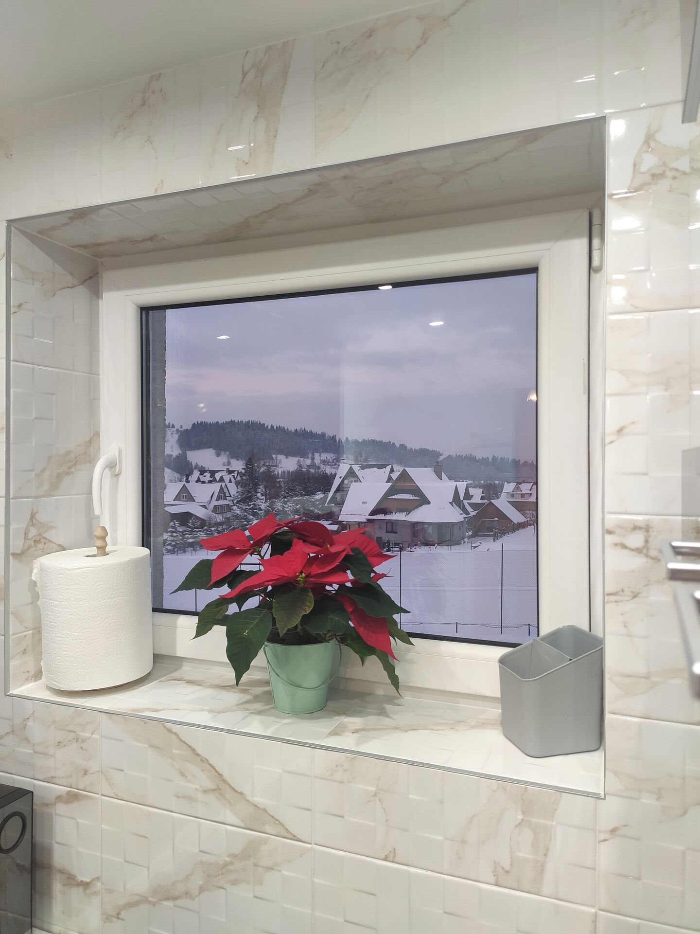 A bathroom with a window view of a snowy village, a toilet paper roll, and a green plant on the windowsill.