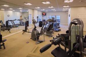 A gym with treadmills, elliptical machines, and weight equipment. - Spacious 2-bedroom beachfront condo in Orange Beach with private jacuzzi tubs (Orange Beach)