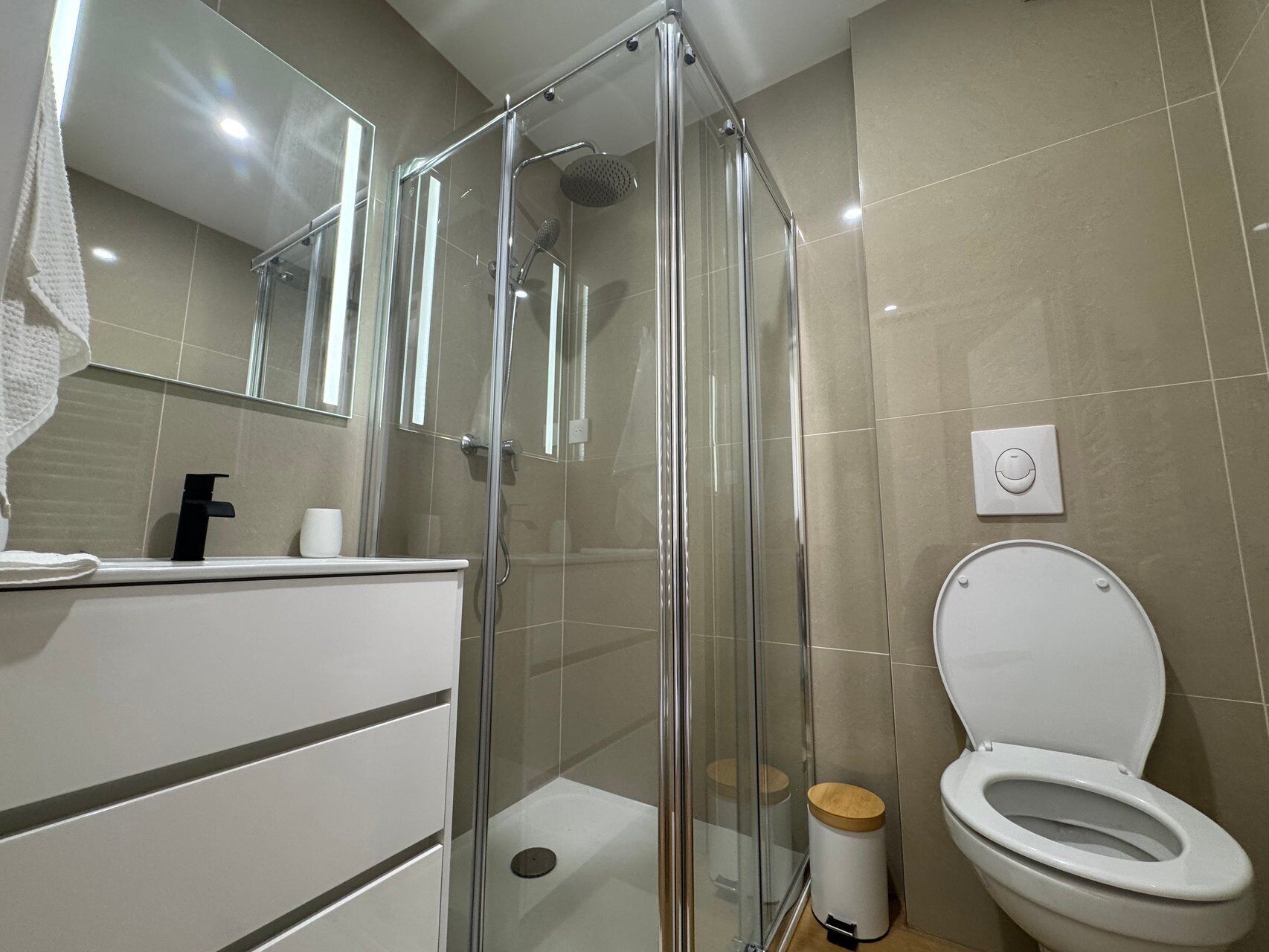 A modern bathroom with a glass-enclosed shower, a toilet, and a sink with a mirror.