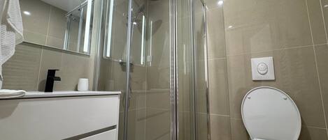 A modern bathroom with a glass-enclosed shower, a toilet, and a sink with a mirror.