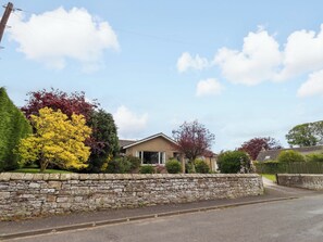 A residential street with a stone wall, a house with a brown roof, and trees with autumn foliage. - Campden (Alnwick)