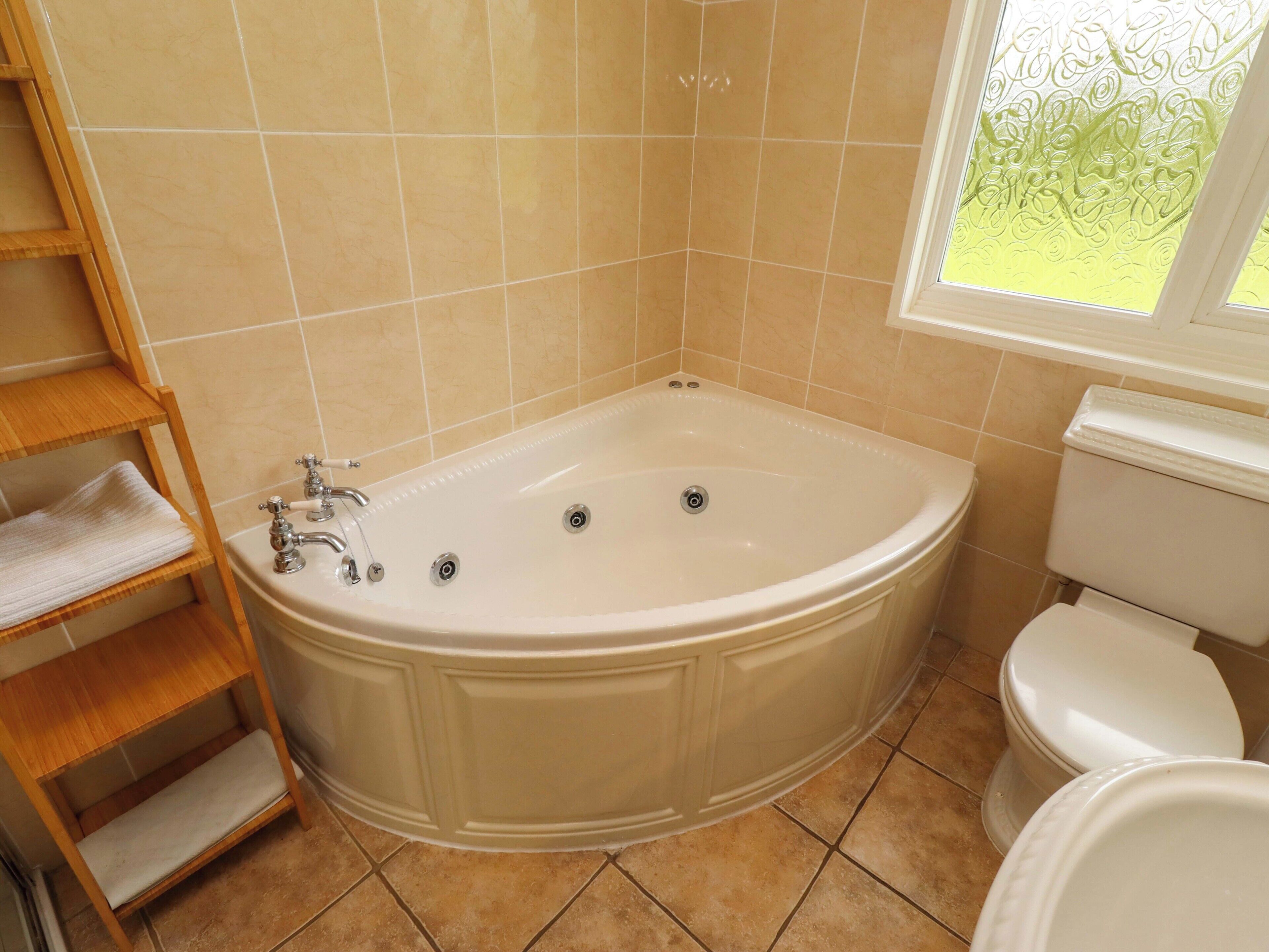 A bathroom with a freestanding bathtub, a toilet, and a window with a view.