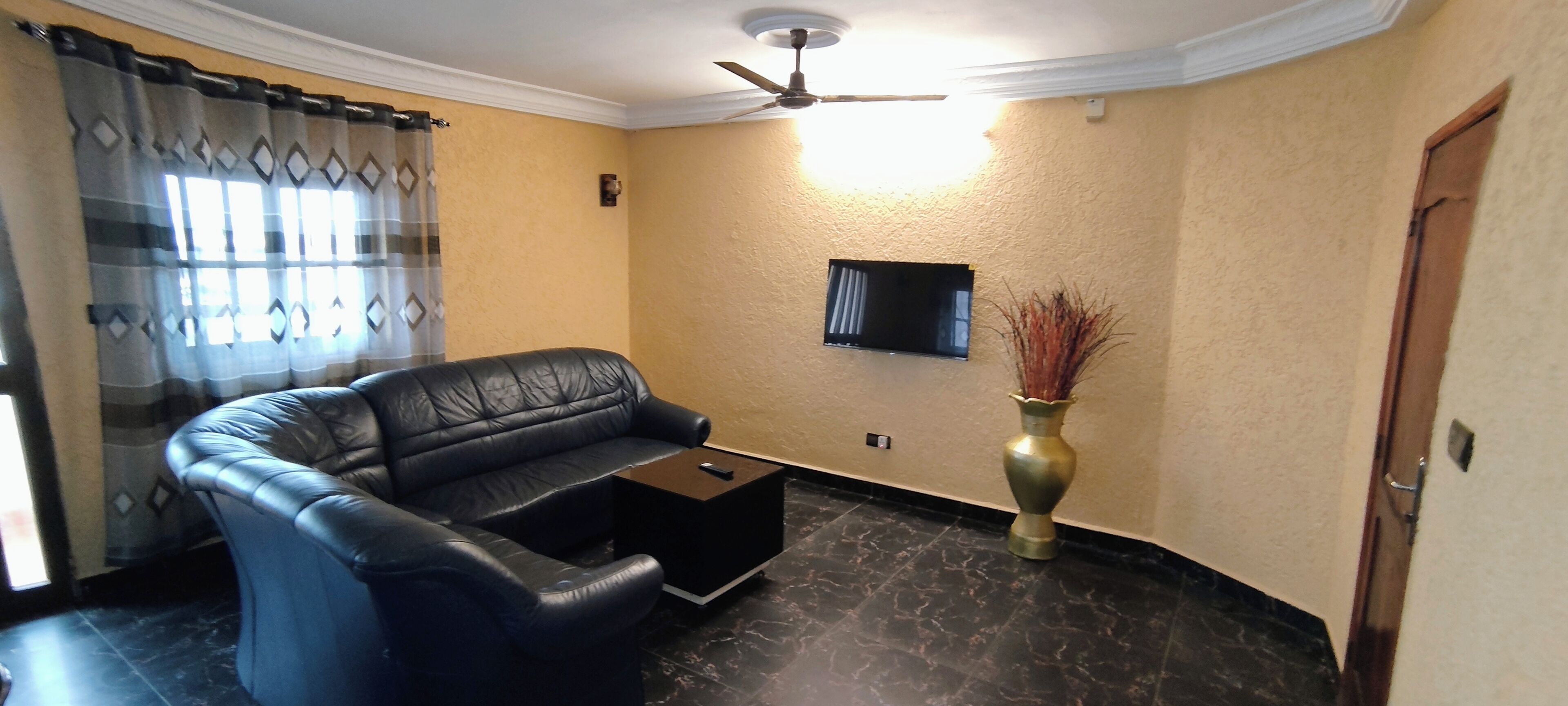 Ein Wohnzimmer mit einem schwarzen Ledersofa, einem kleinen Couchtisch, einem an der Wand befestigten Fernseher, einer dekorativen Vase und einem Deckenventilator.