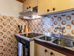 Eine Küche mit Herd, Backofen, Spüle und Holzschränken.