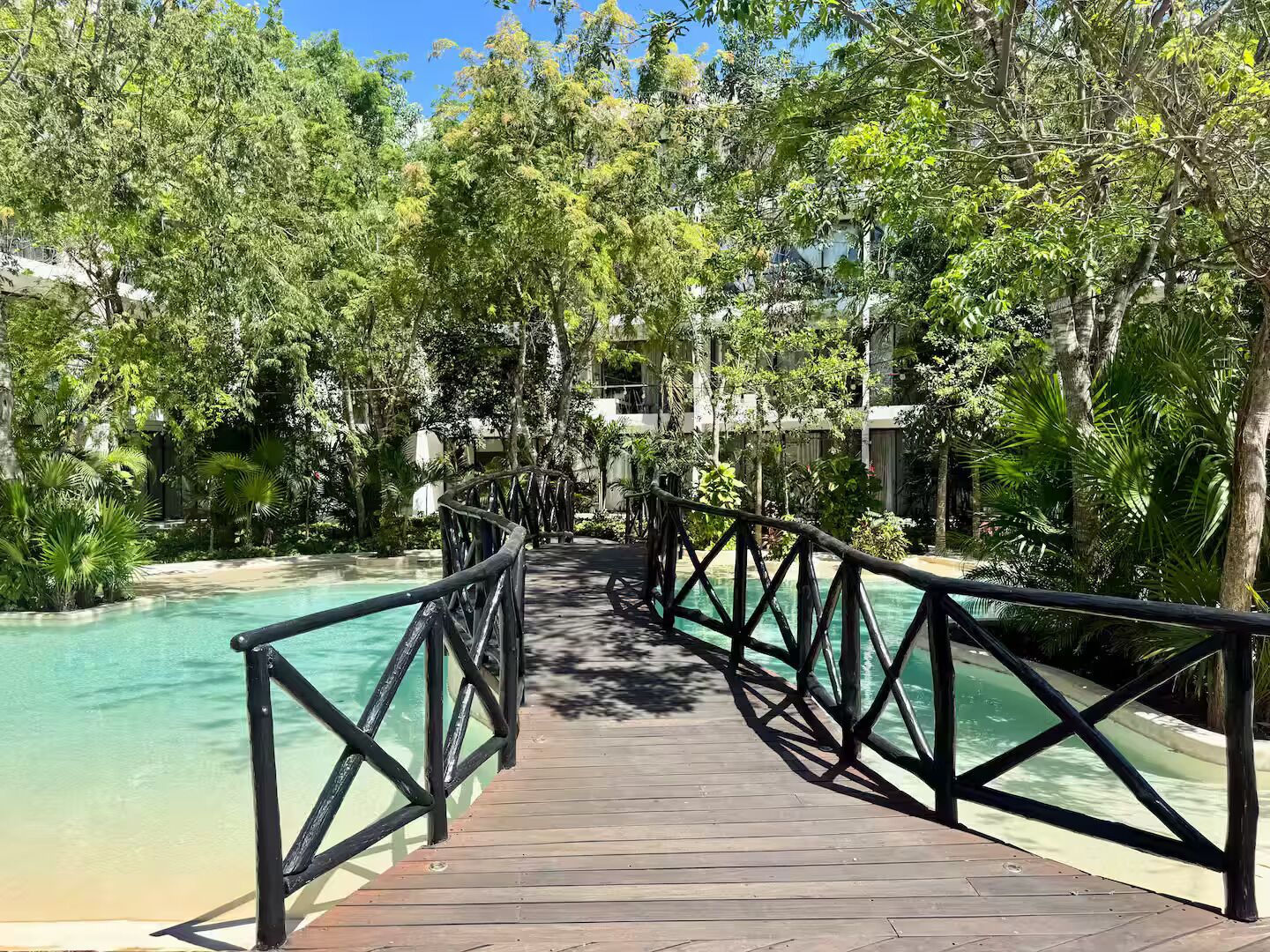Uma ponte de madeira leva a uma piscina rodeada por vegetação exuberante.