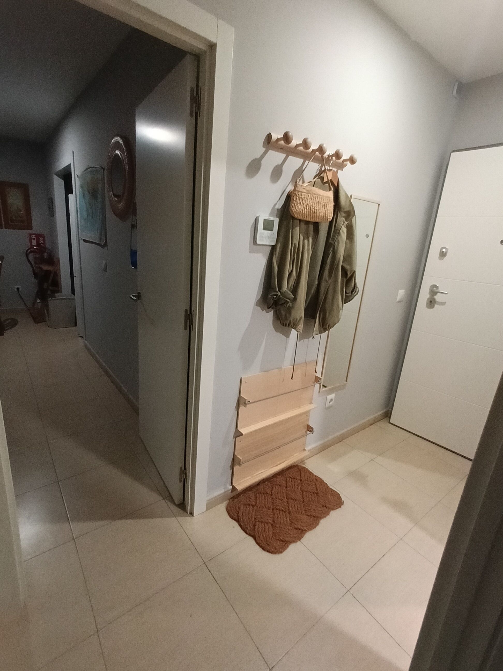 Un pasillo con un perchero, una puerta y una pequeña alfombra.