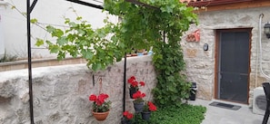 Mural de pedra com hera trepadeira, vasos com flores vermelhas e uma porta com janela.