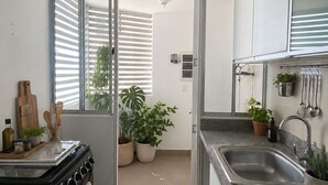 Moderni keittiö, jossa on liesi, pesuallas ja ruukkukasveja.