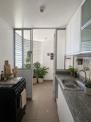 A modern kitchen with a stove, sink, and potted plants. - Ocean View - family Apartment- 15min Airport & Miraflores in San Miguel Lima (San Miguel)