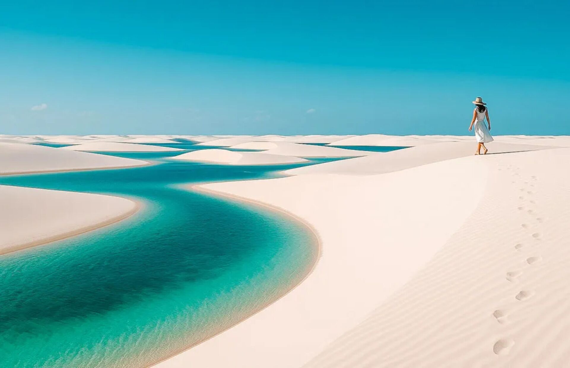 A person walking on a sandy beach with clear blue water.