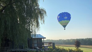 A hot air balloon, a wooden structure with a blue roof, and a grassy field. - Perfect 1-bedroom  off barn with AC in charming Petoskey (Petoskey)