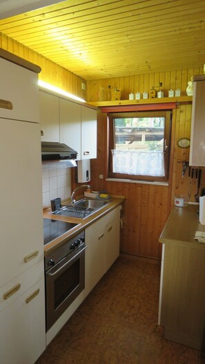 Une cuisine de taille réduite avec des murs en bois, une fenêtre et les équipements de base.