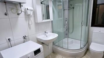 Hair dryer, towels, soap, toilet paper