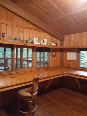 A wooden interior with a desk, chair, and shelves with various items.