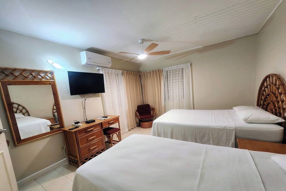 Une chambre d’hôtel avec deux lits, une télévision, un bureau, une chaise et un ventilateur de plafond.