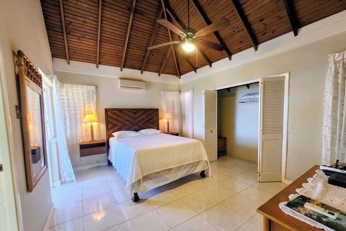 Une chambre d’hôtel comprenant un lit, un ventilateur de plafond, une table de chevet, un bureau et une armoire.