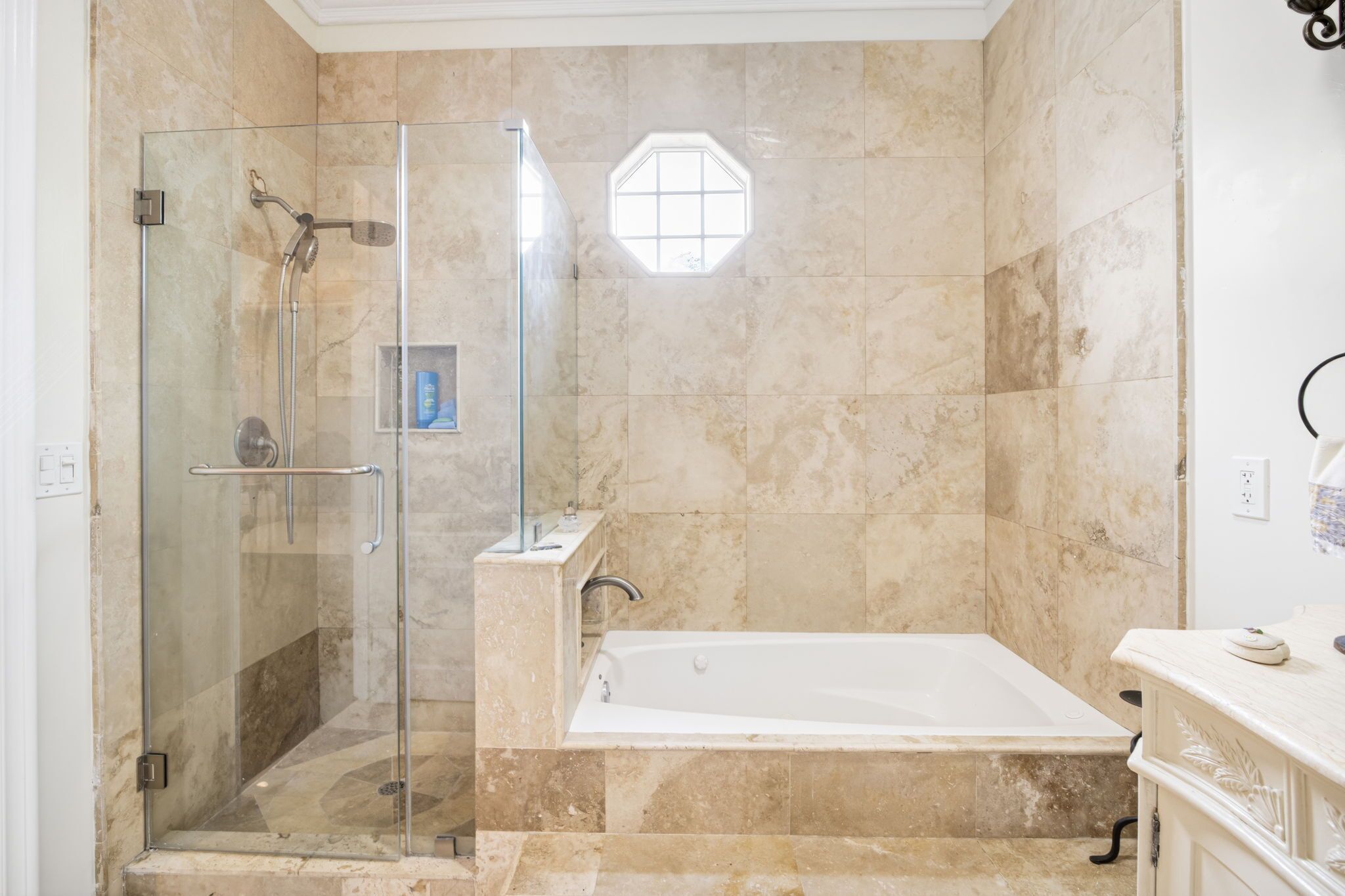 Hair dryer, towels, soap, toilet paper