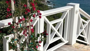 Een balkon met een witte reling, een bloempot met rode bloemen en uitzicht op de oceaan.