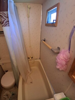 Ein Badezimmer mit Dusche, Toilette und Spiegel.