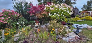 Ein Garten mit unterschiedlichen Pflanzen und Blumen, eine Steinsitzbank und ein Felsengarten.