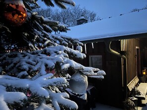 A snow-covered tree with ornaments, a wooden building, and a clear sky. - Climate-Friendly Vacation Home in the Eifel – Near the Nürburgring & the Ahr Wine Region (Lind)