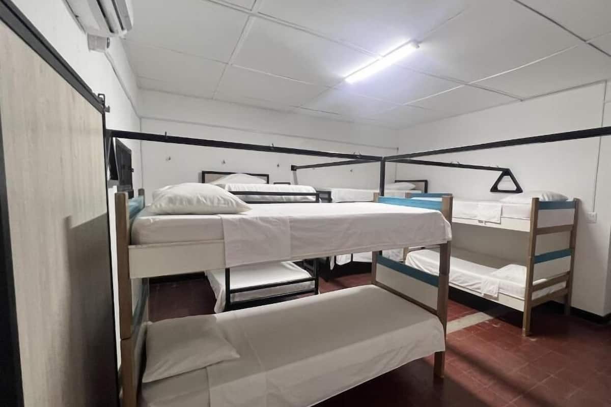 Une chambre de dortoir avec des lits superposés, un bureau et une chaise.