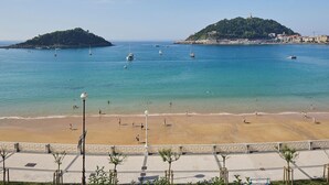 A beach with clear water, a sandy shore, and a small hill with buildings. - Playa de La Concha 6 by FeelFree Rentals (Donostia)