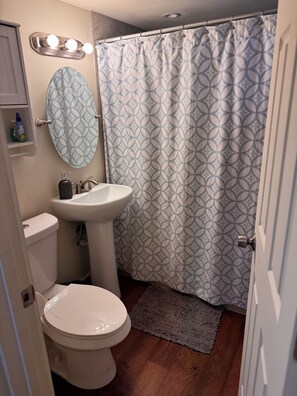 Ein Badezimmer mit Toilette, Waschbecken und Duschvorhang.