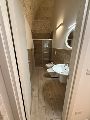A bathroom with a shower, two toilets, a sink, and a mirror. - Mediterranean Deluxe Stone House (Molfetta)