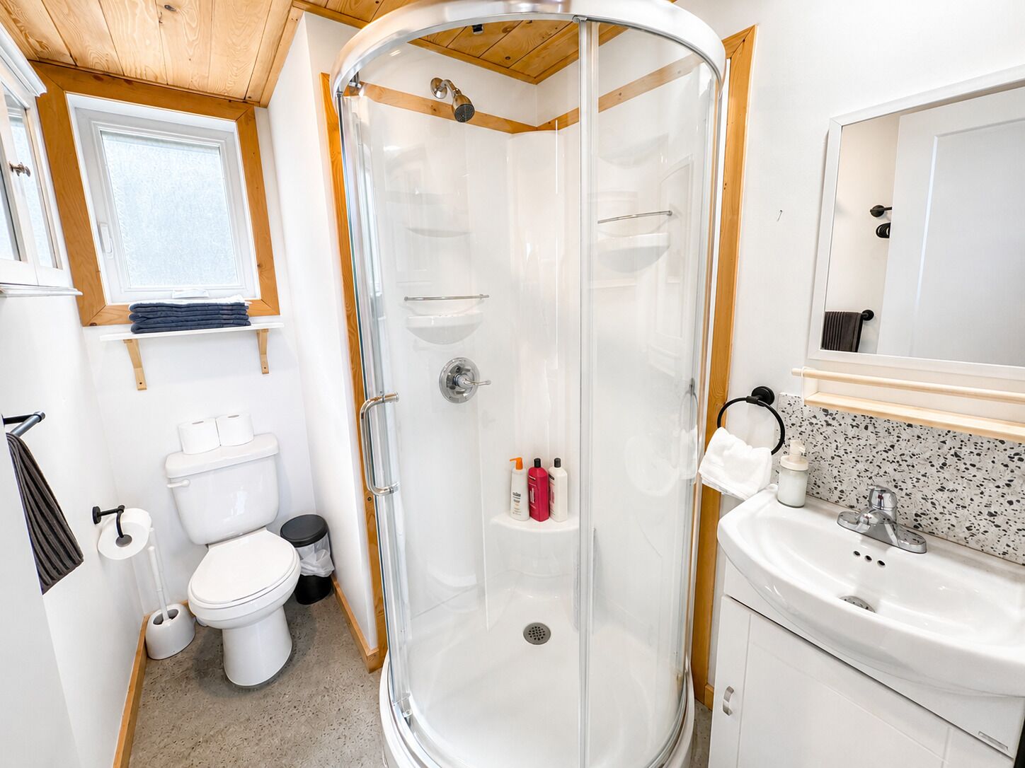 Et moderne badeværelse med bruseniche i glas, toilet, vask og spejl.