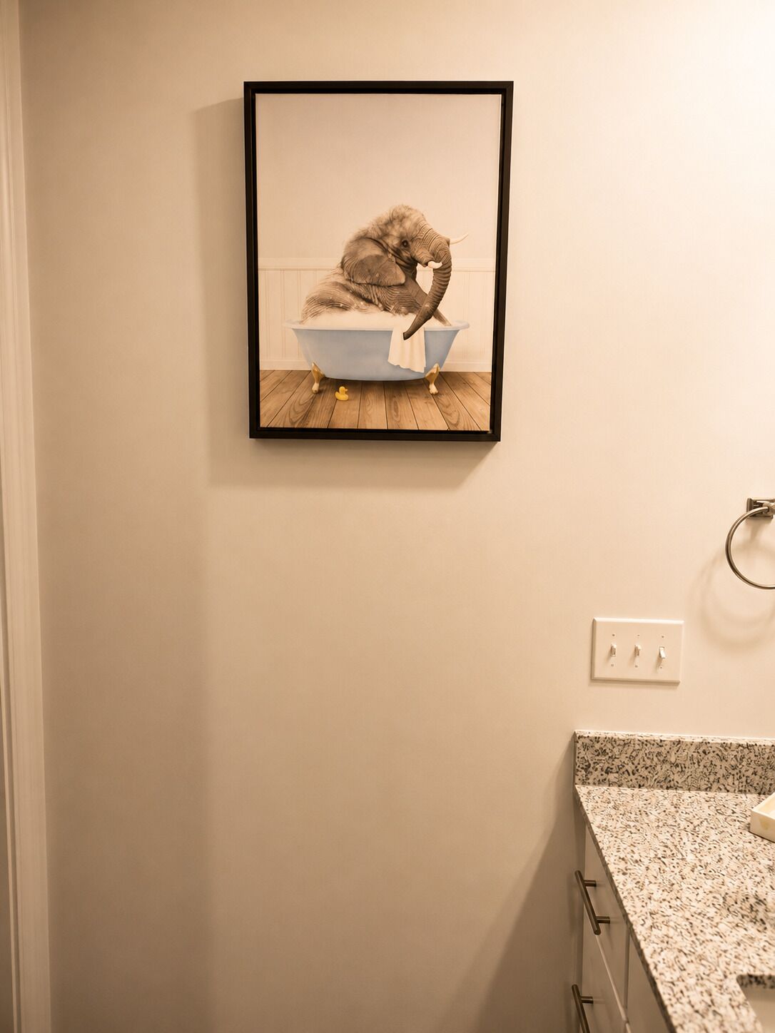 A framed artwork of an elephant in a bathtub on a wall in a bathroom with a granite countertop and a ring light.