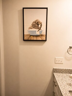 A framed artwork of an elephant in a bathtub on a wall in a bathroom with a granite countertop and a ring light. - Modern Lakeview Oasis, King Bed • Gym • Pool (Jacksonville)