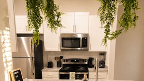 Una cocina moderna con electrodomésticos de acero inoxidable, encimera de granito y plantas colgantes.