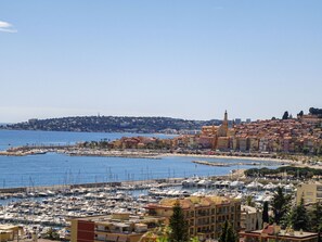 Un port de plaisance où sont amarrés de nombreux bateaux, une ville côtière aux bâtiments aux couleurs vives et un clocher d’église imposant.