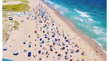 Een strand met veel parasols en mensen.