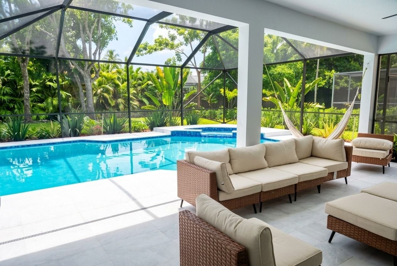 Un espace piscine extérieur moderne, doté d’une structure en verre, de mobilier en osier et d’une végétation luxuriante en arrière-plan.
