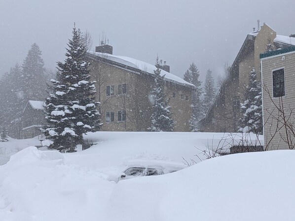 Un quartier résidentiel où le sol est recouvert de neige, une voiture partiellement ensevelie sous la neige et une maison dont la cheminée est visible.