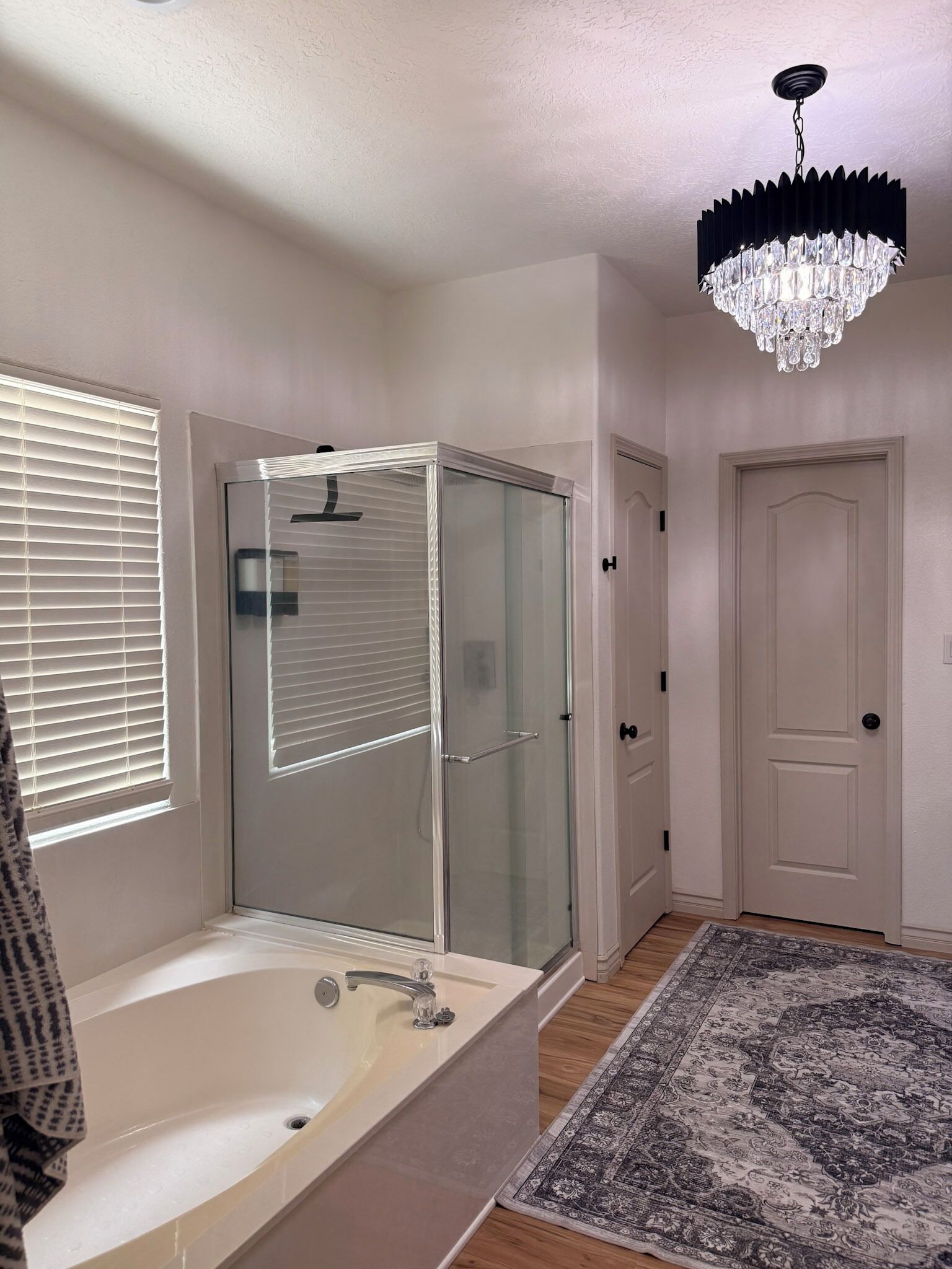 Shower, towels, soap, toilet paper