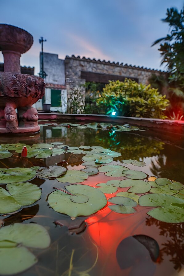 A pond with lily pads and a stone fountain.