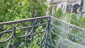 Un balcone con ringhiere in metallo decorate, vista su edifici a più piani con balconi e alberi verdi e rigogliosi.