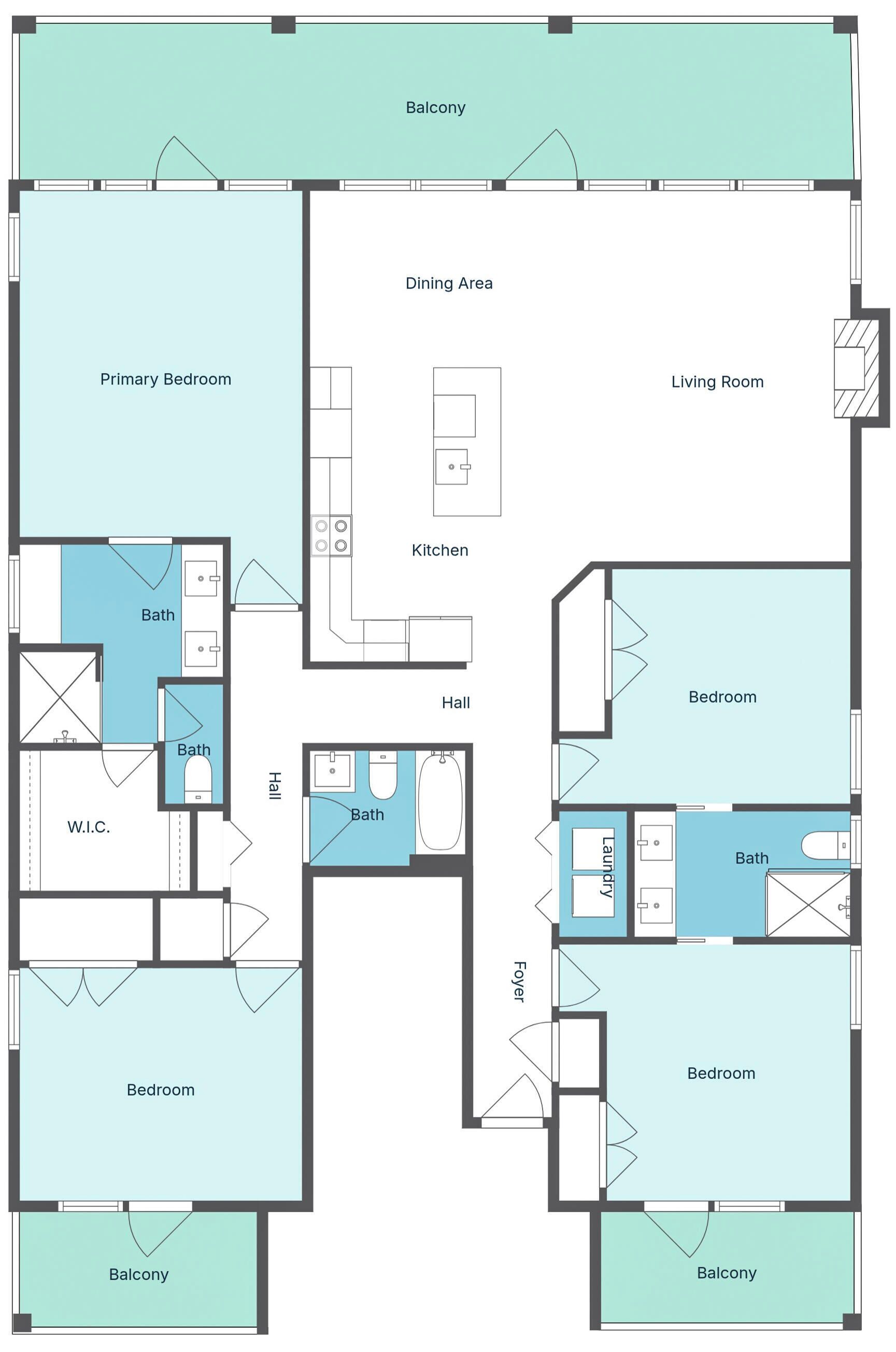 A floor plan with a primary bedroom, balcony, dining area, living room, kitchen, hall, W.I.C., and two bathrooms.