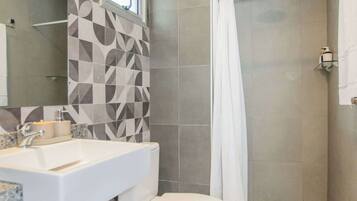 Ducha, secador de pelo, toallas, shampoo