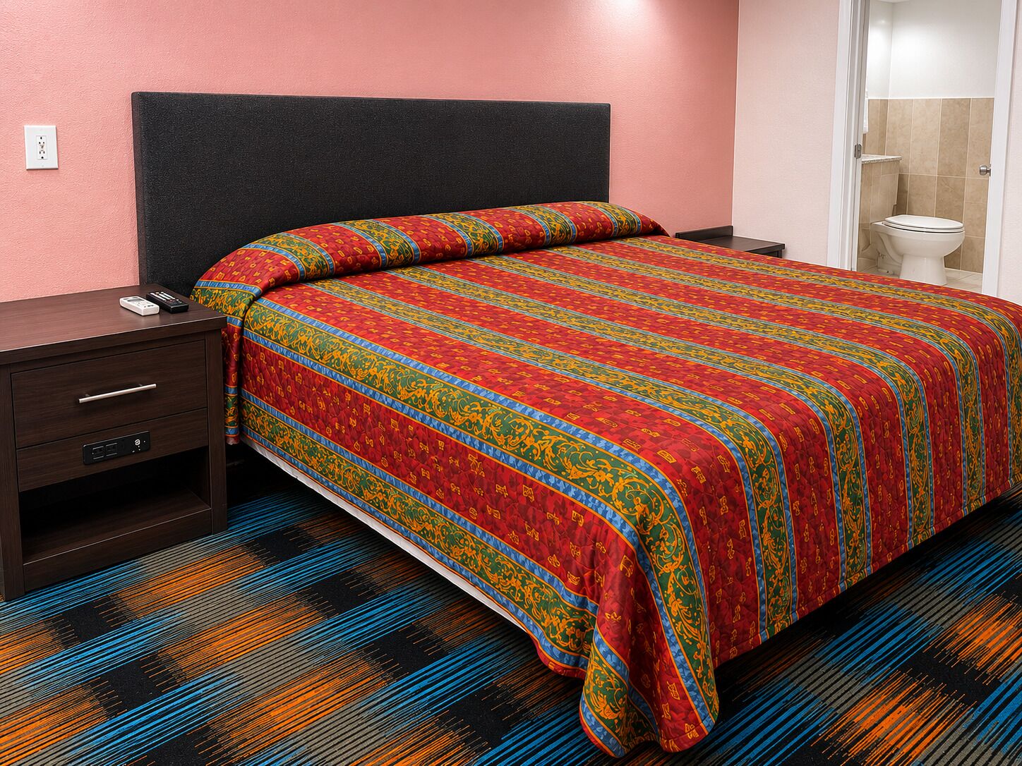 A hotel room with a bed, a nightstand, a drawer, a power outlet, and a bathroom door.